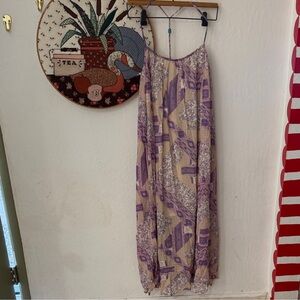 Olivaceous Purple Cream Flowy Side Slit Boho Dress Tie Back M NWT